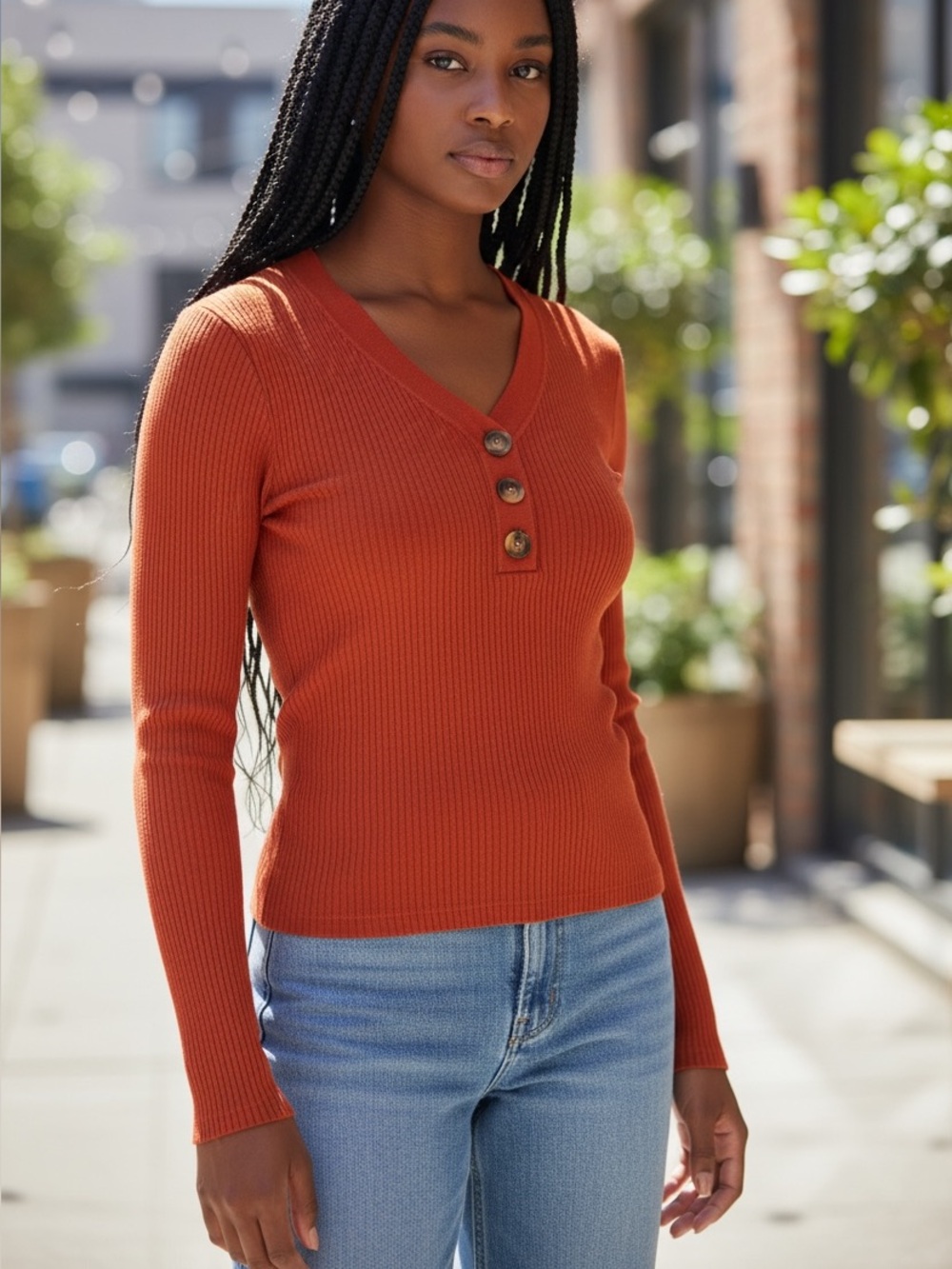 Pink Rose Ribbed V-Neck Henley Sweater in Rust Orange